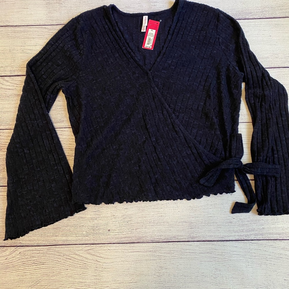 Dark blue soft crossover tie sweater